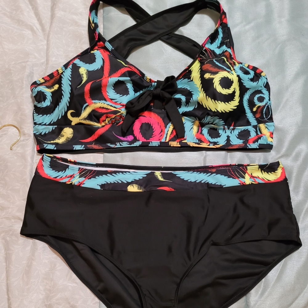 2 pc bikini 2XL Rotita new without tags- never worn black with multicolored top